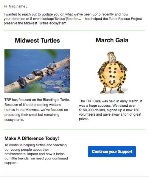 Example of a donor re-engagement flow email with a call to action asking to continue support.
