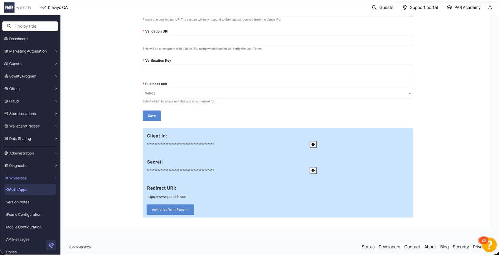 PUNCHH web interface displaying OAuth Apps settings with fields for Client ID, Secret, and Redirect URI.