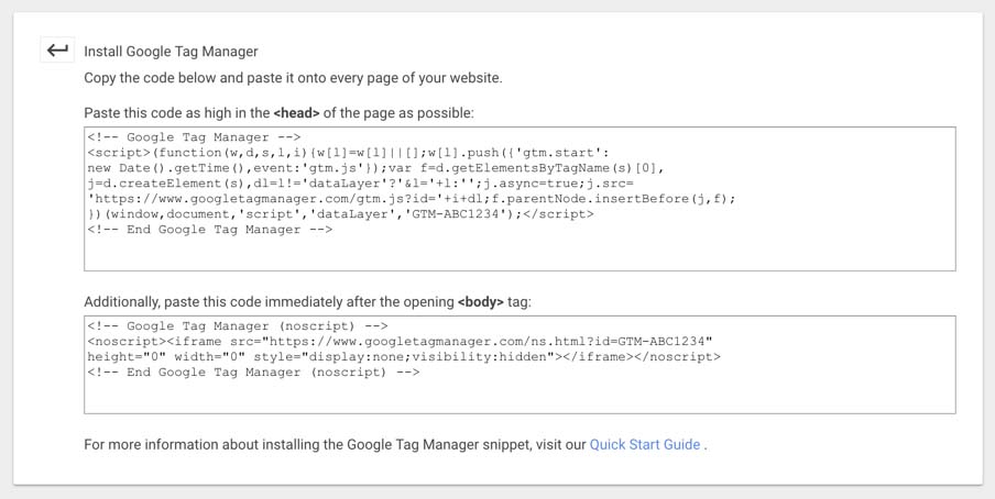Inside Google Tag Manager, the two install scripts that will need to be copied into the head and body of your site's html