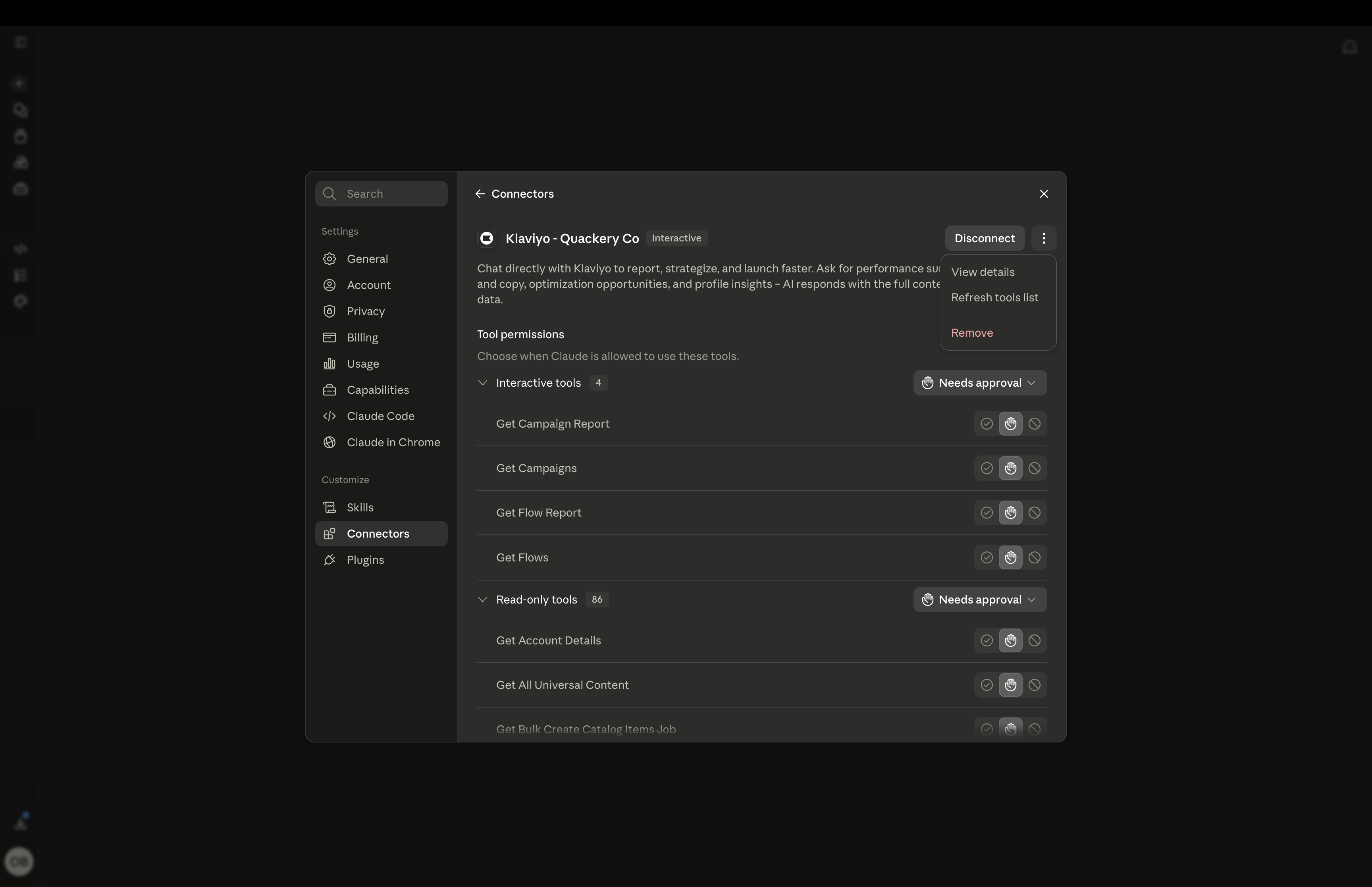 A dark-themed interface showing connector settings for "Klaviyo - Quackery Co.", with lists of interactive and read-only tool permissions, some labeled "Needs approval."