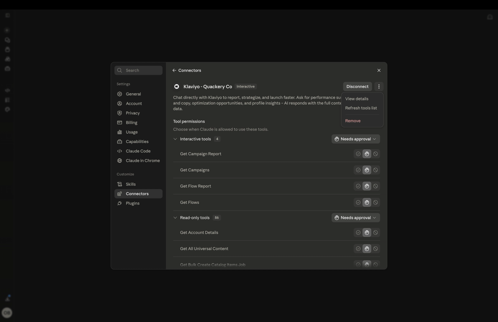 A dark-themed interface showing connector settings for "Klaviyo - Quackery Co.", with lists of interactive and read-only tool permissions, some labeled "Needs approval."