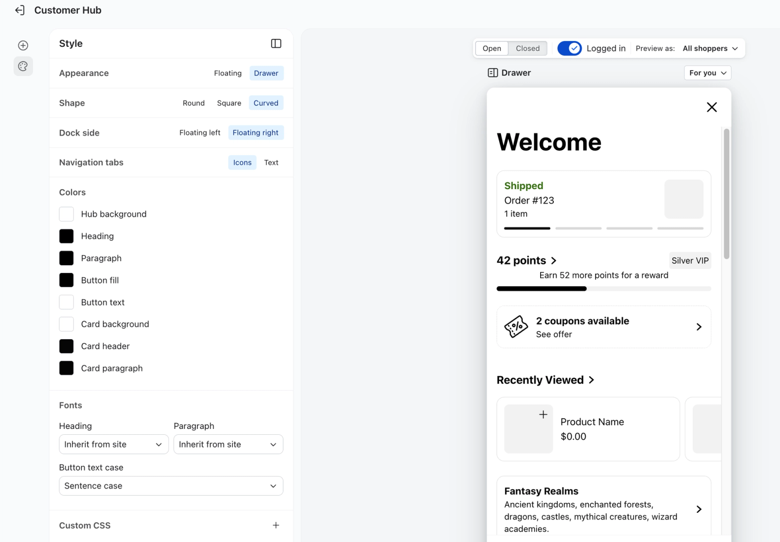 Customer Hub interface showing a style editor on the left with layout, color, and font options, and a preview of a customer-facing drawer on the right with order status, loyalty points, and product recommendations.