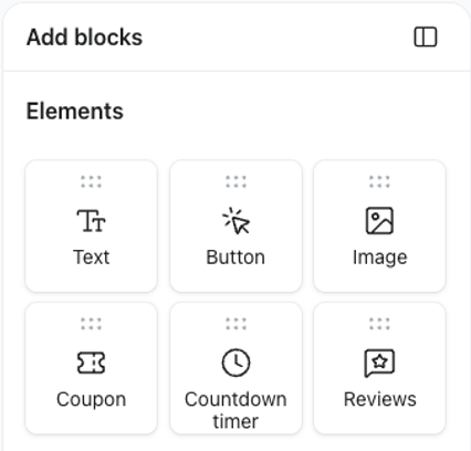 The Blocks tab in the Klaviyo form editor showing the 3 block options: text, button, and image. 