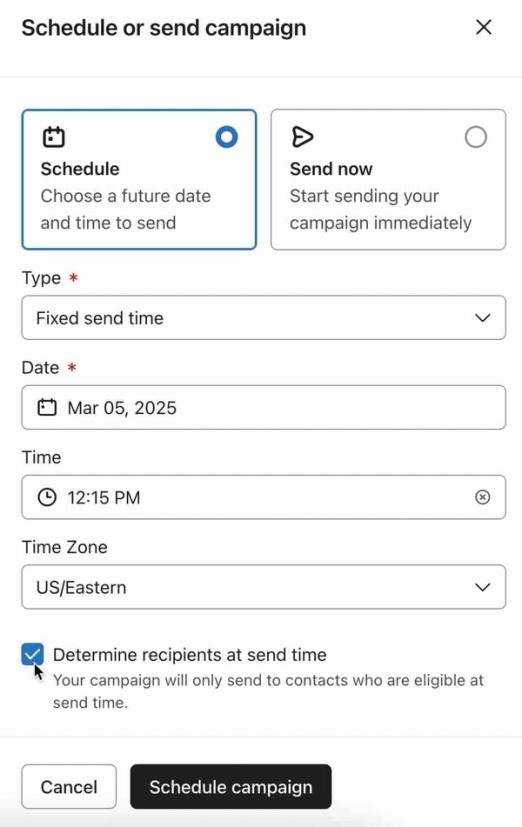 The determine recipients at send time setting is toggled on