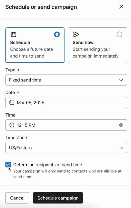The determine recipients at send time setting is toggled on