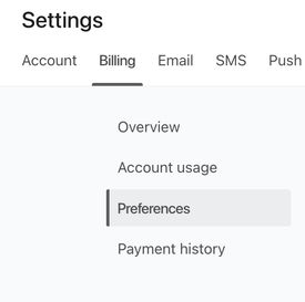 The Billing Settings page showing the Preferences tab being selected from the side menu.