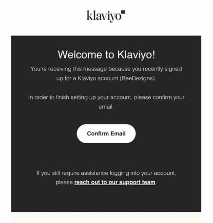 Welcome to Klaviyo confirmation message with button to confirm email
