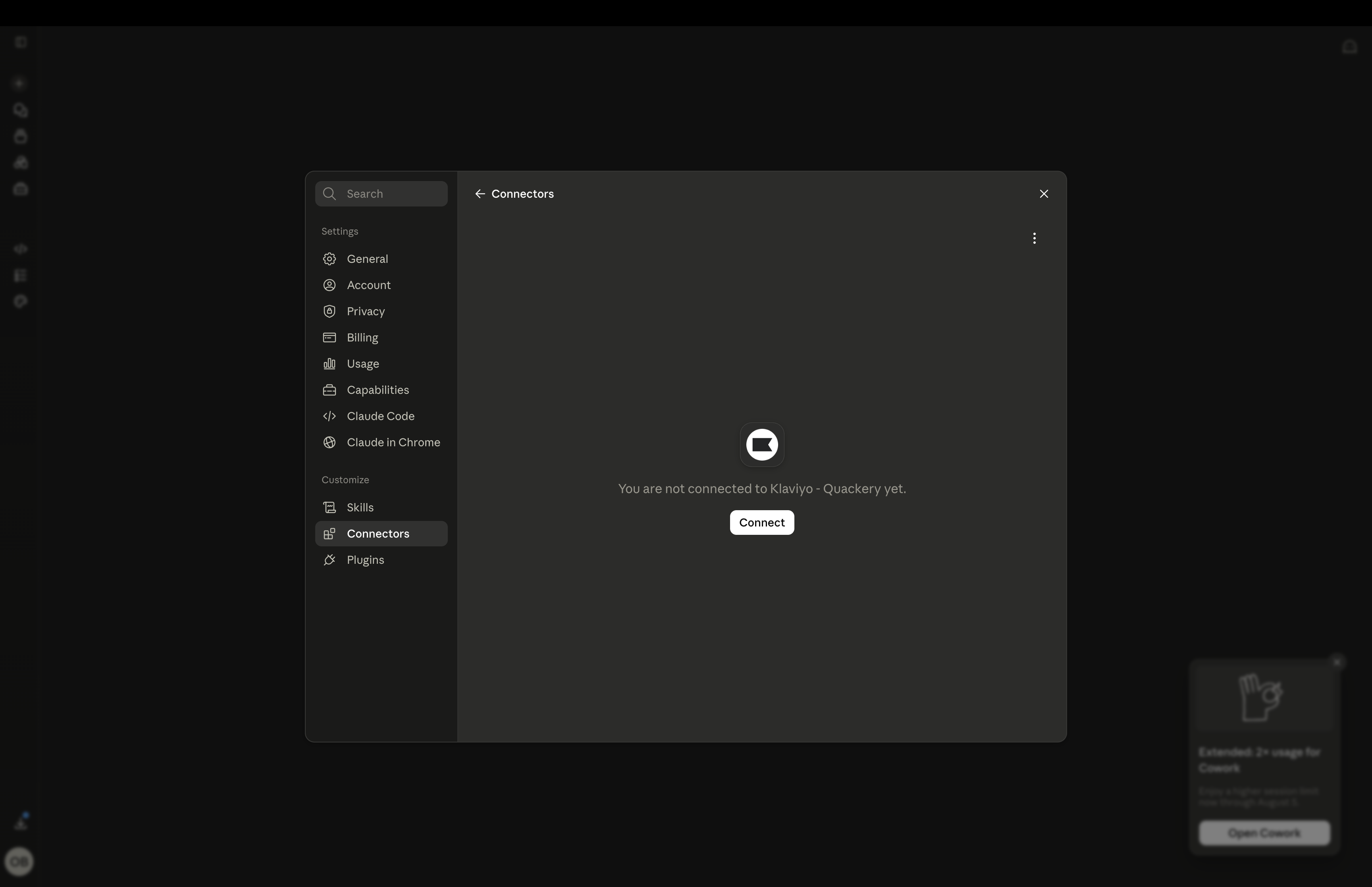 Dark-themed app showing the "Connectors" page, prompting to "Connect" to "Klevylo - Quackery". A navigation menu is on the left.