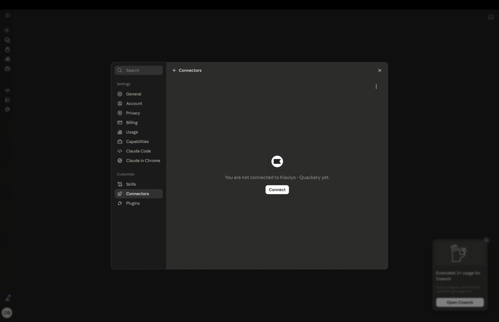 Dark-themed app showing the "Connectors" page, prompting to "Connect" to "Klevylo - Quackery". A navigation menu is on the left.