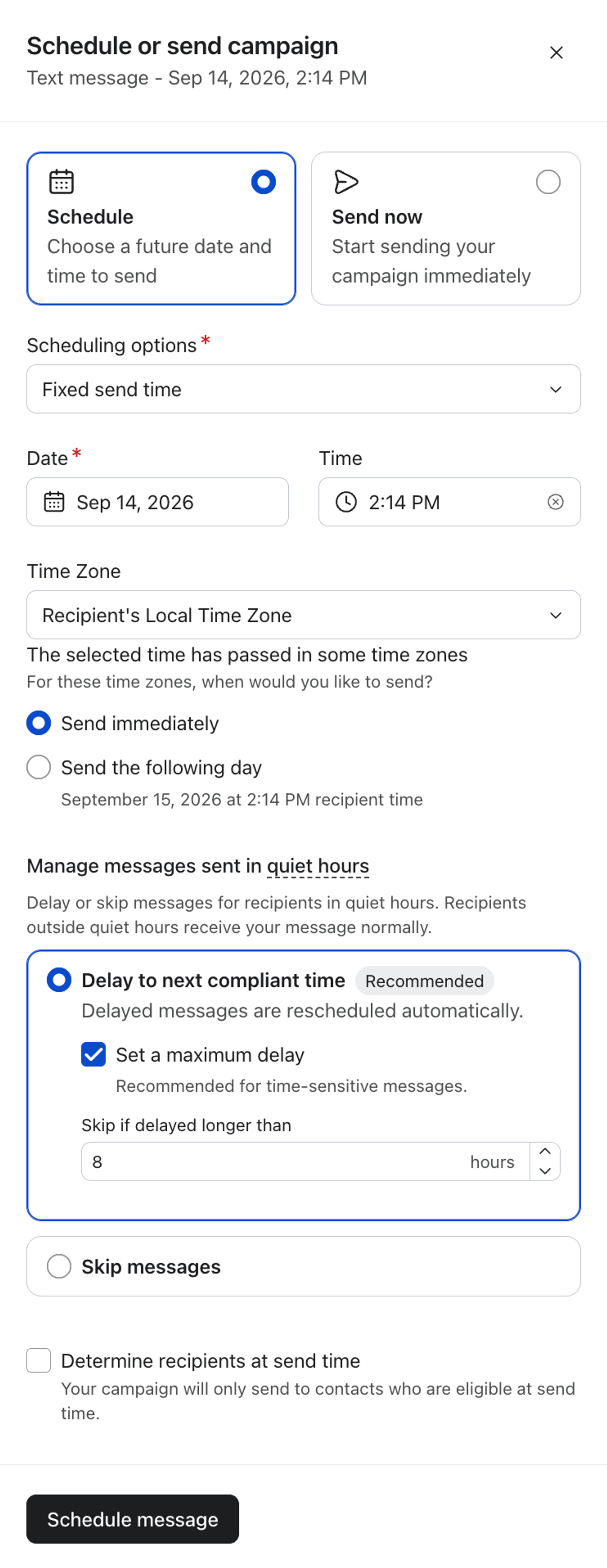 A dialog box for scheduling or sending a text message campaign, showing options for date, time, time zone, and managing messages sent during quiet hours.