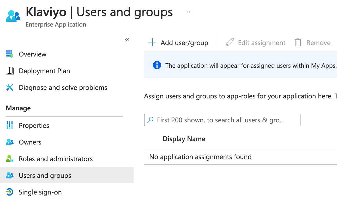 Users and groups page for the example Klaviyo application