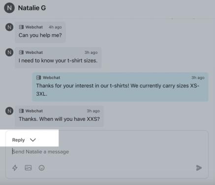 The dropdown next to the Reply button being selected from the reply textbox within an Inbox ticket.