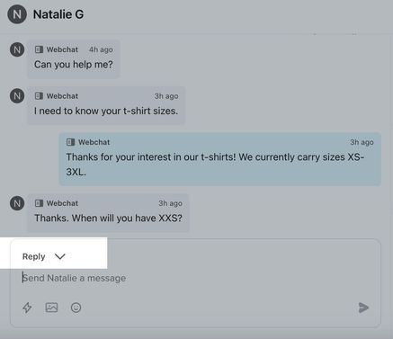 The dropdown next to the Reply button being selected from the reply textbox within an Inbox ticket.