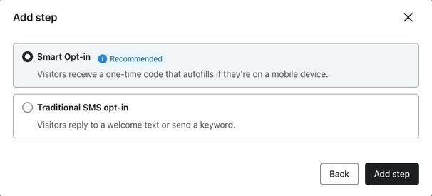 The Add Step modal showing the Smart Opt-in option selected.