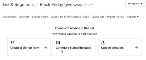A specific list's page with the subscribe and preferences pages tab selected from the menu bar.