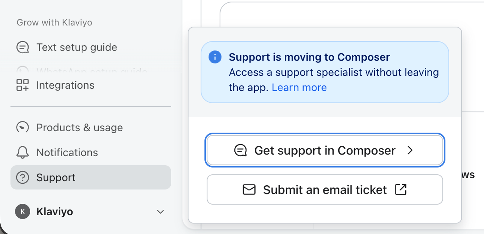 Support modal in Klaviyo with options to get support in Composer or submit an email ticket.