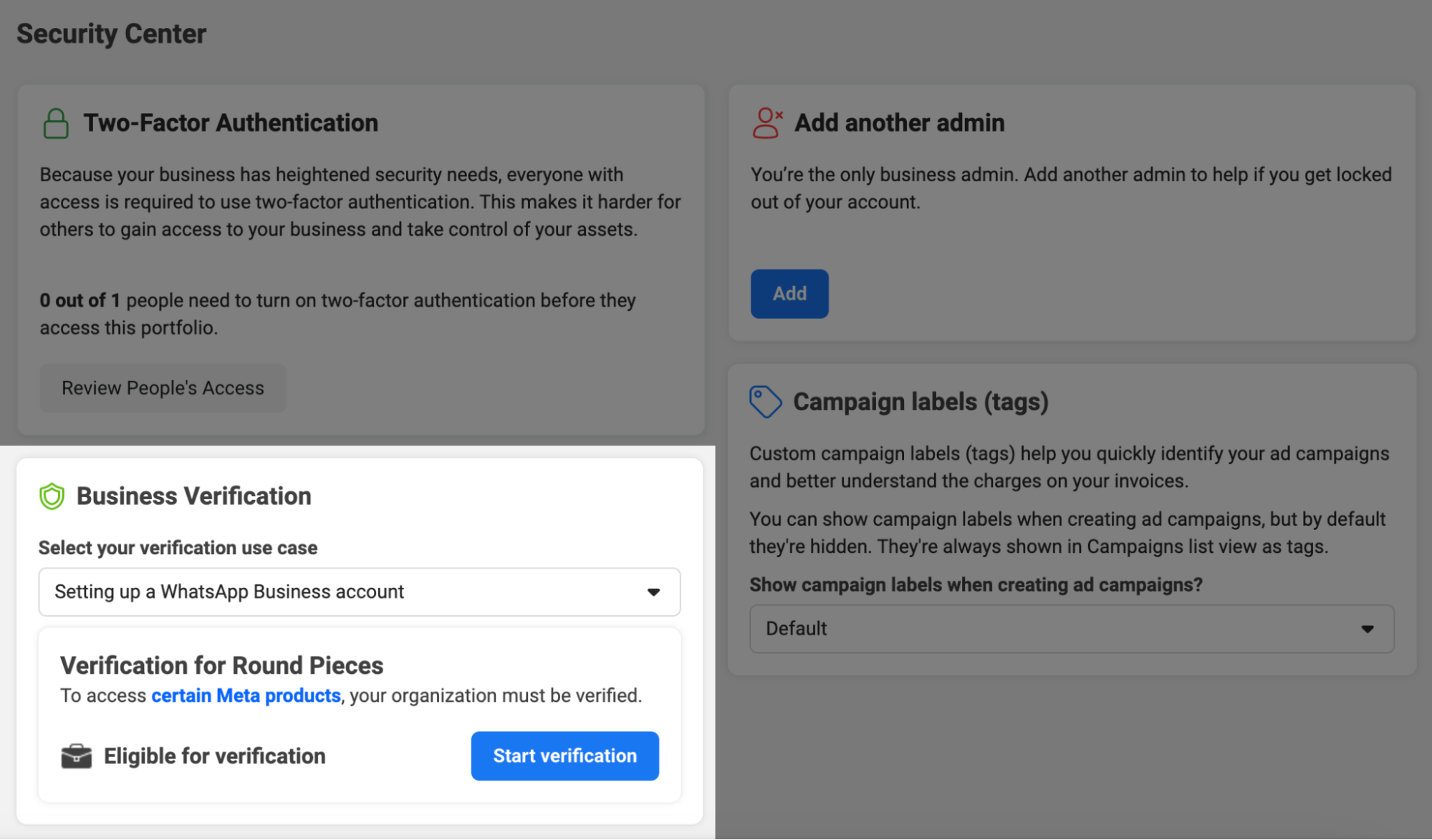 Business verification section within the Security Center