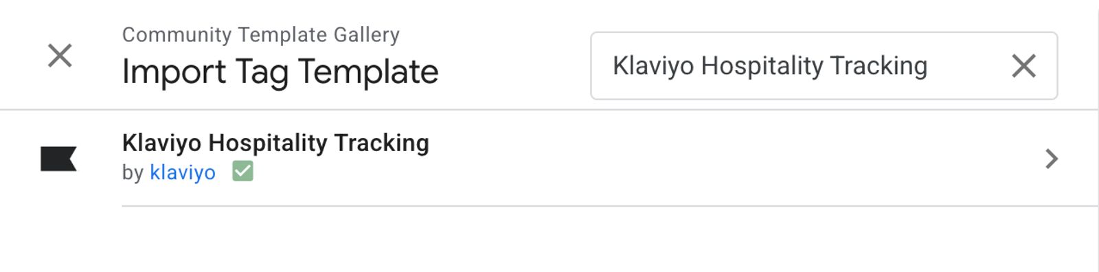 A user interface shows "Import Tag Template" with a search for "Klaviyo Hospitality Tracking" and a matching template result.