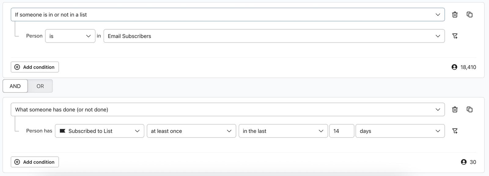 Segment using subscribed to list event