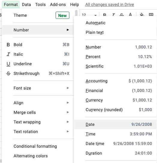 The date formatting option in a dropdown menu in Google Sheets