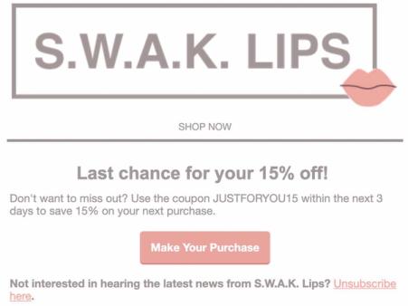 Example of winback email offering 15% off coupon and call to action button