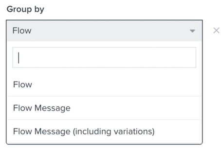 Inside a Flow Performance Report, you can open the Group By dropdown to choose how to group metrics like Flow or Flow Message