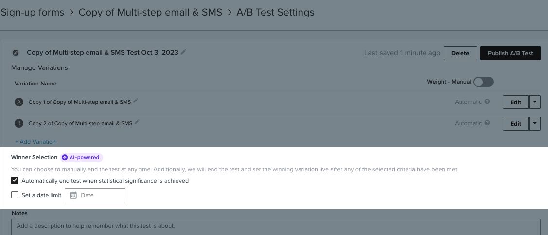 The A/B test settings page with the winner selection section highlighted and showing that the test is set to automatically end when statistical significance is achieved.
