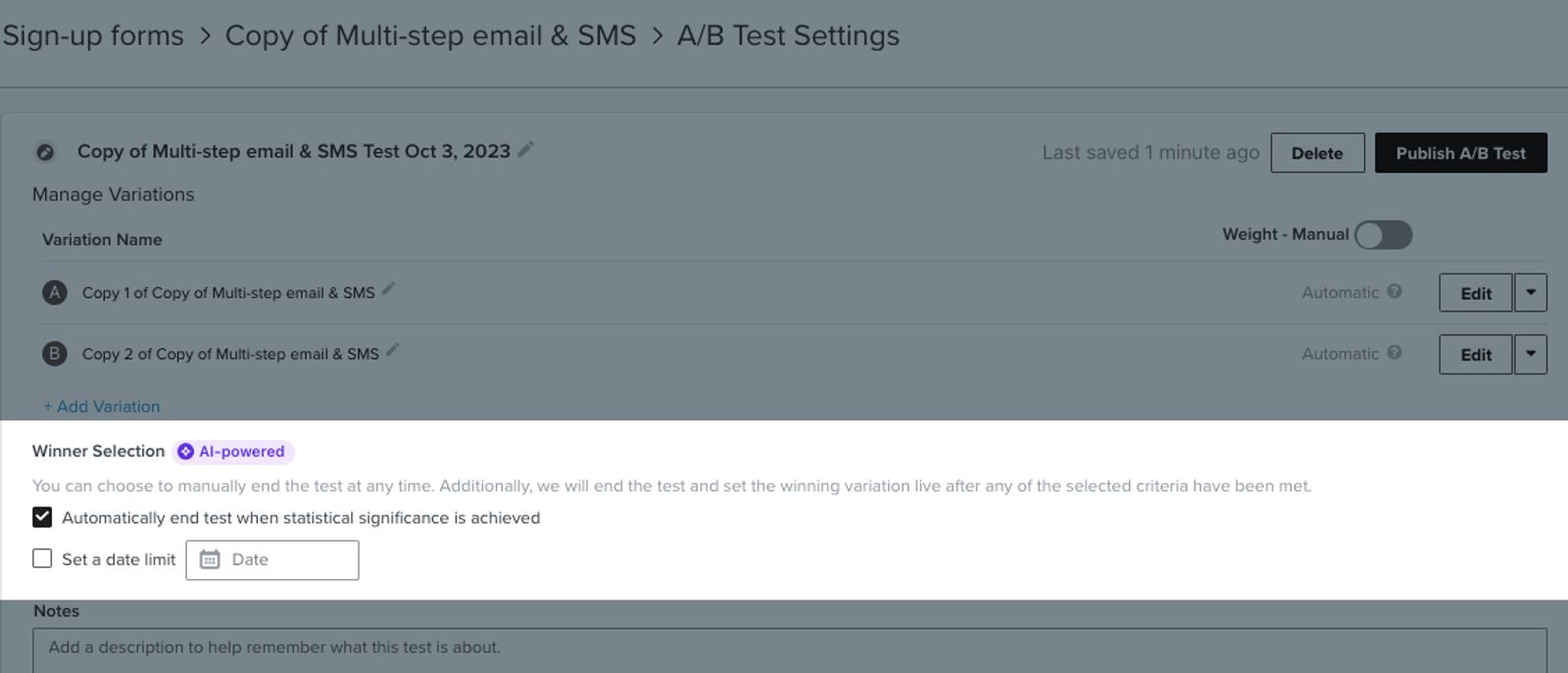 The A/B test settings page with the winner selection section highlighted and showing that the test is set to automatically end when statistical significance is achieved.