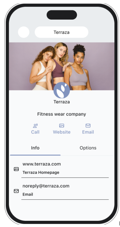 Teléfono inteligente que muestra el perfil comercial de Terraza, una empresa de ropa deportiva, con una foto de tres mujeres con ropa deportiva e información de contacto