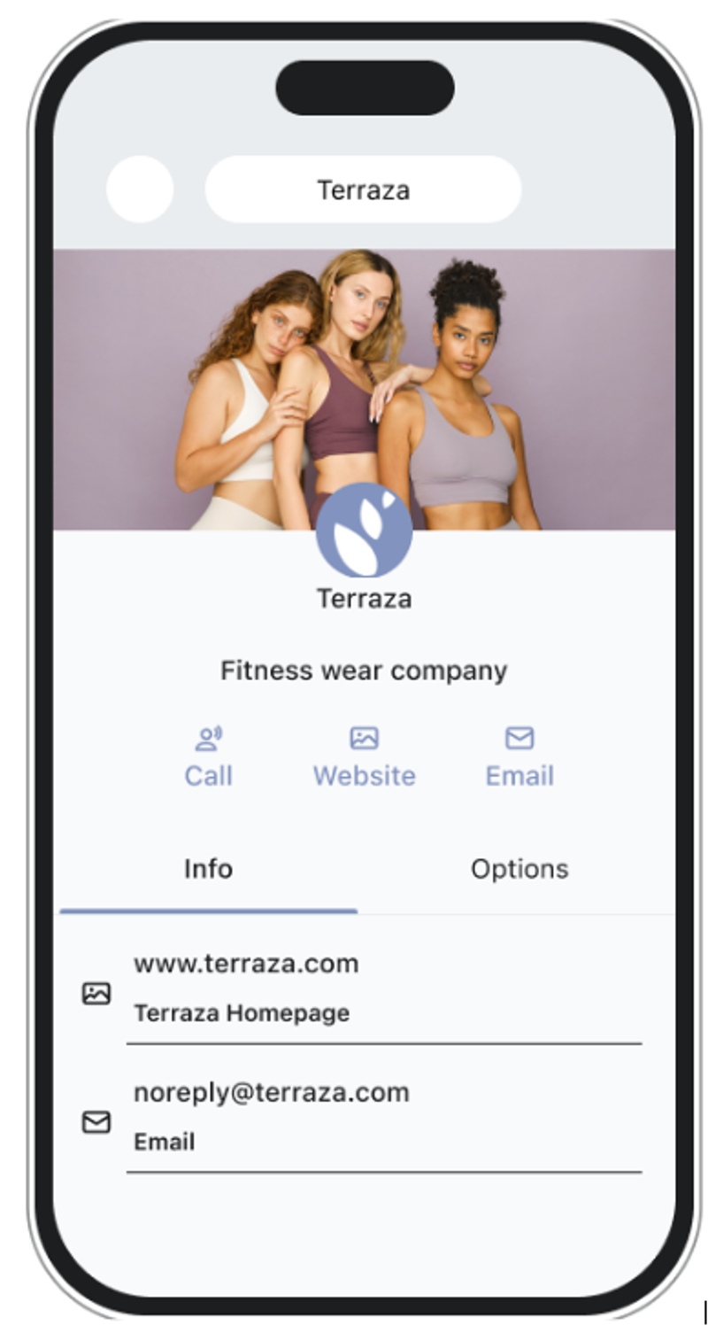 Teléfono inteligente que muestra el perfil comercial de Terraza, una empresa de ropa deportiva, con una foto de tres mujeres con ropa deportiva e información de contacto