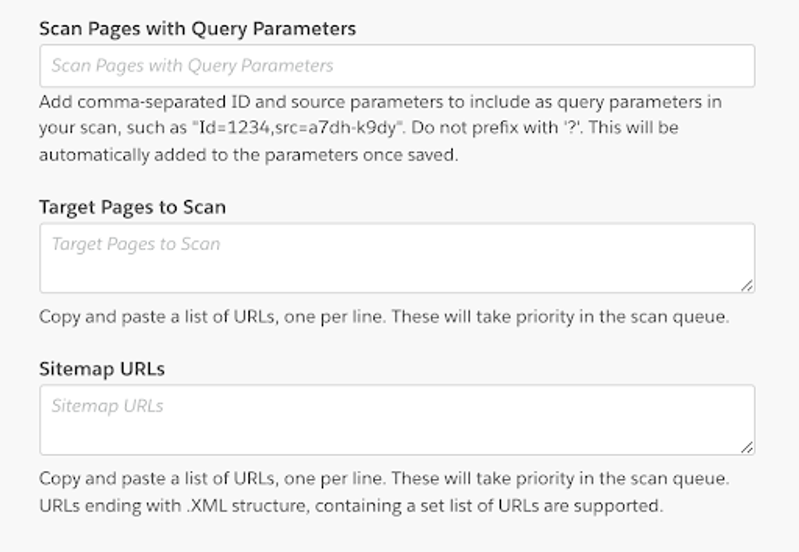 In the Scanning Settings page, fields to add additional information on certain pages or areas of your website to scan 