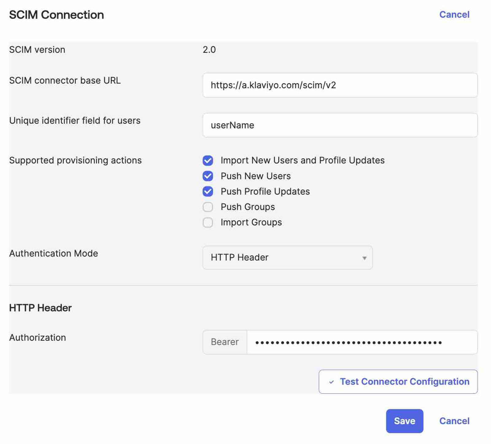 How the SCIM Connection should look once filled out
