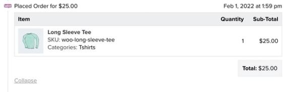 WooCommerce Placed Order metric with item details about a tee shirt, with collapse in light gray and timestamp