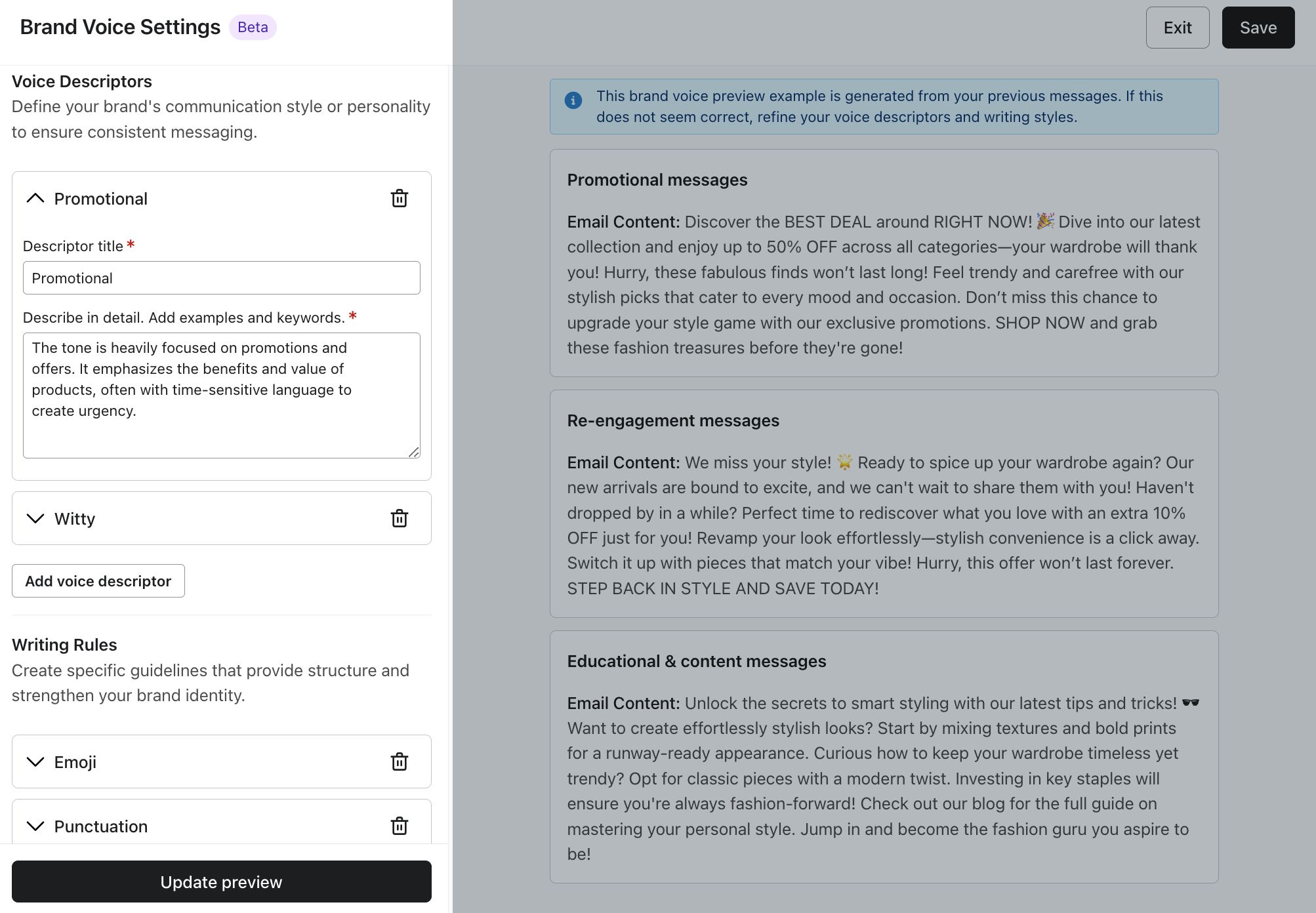 The brand voice editing modal open on the Voice tab in Klaviyo.