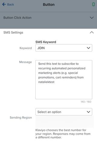 The SMS Settings menu that appears when a button click action is set to Subscribe via SMS.