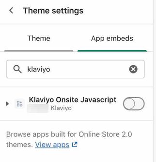 Klaviyo app embed for onsite tracking in Shopify toggled off