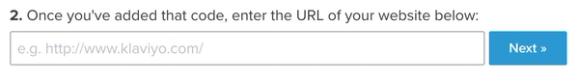 Step 2 of set up web tracking with text box for URL and Next button with blue background