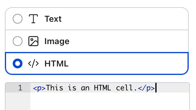 UI showing HTML option selected and the code `<p>This is an HTML cell.</p>`.