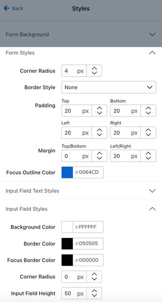 The Form Styles and Input Field Styles sections for an example form within the Styles tab of the form editor.