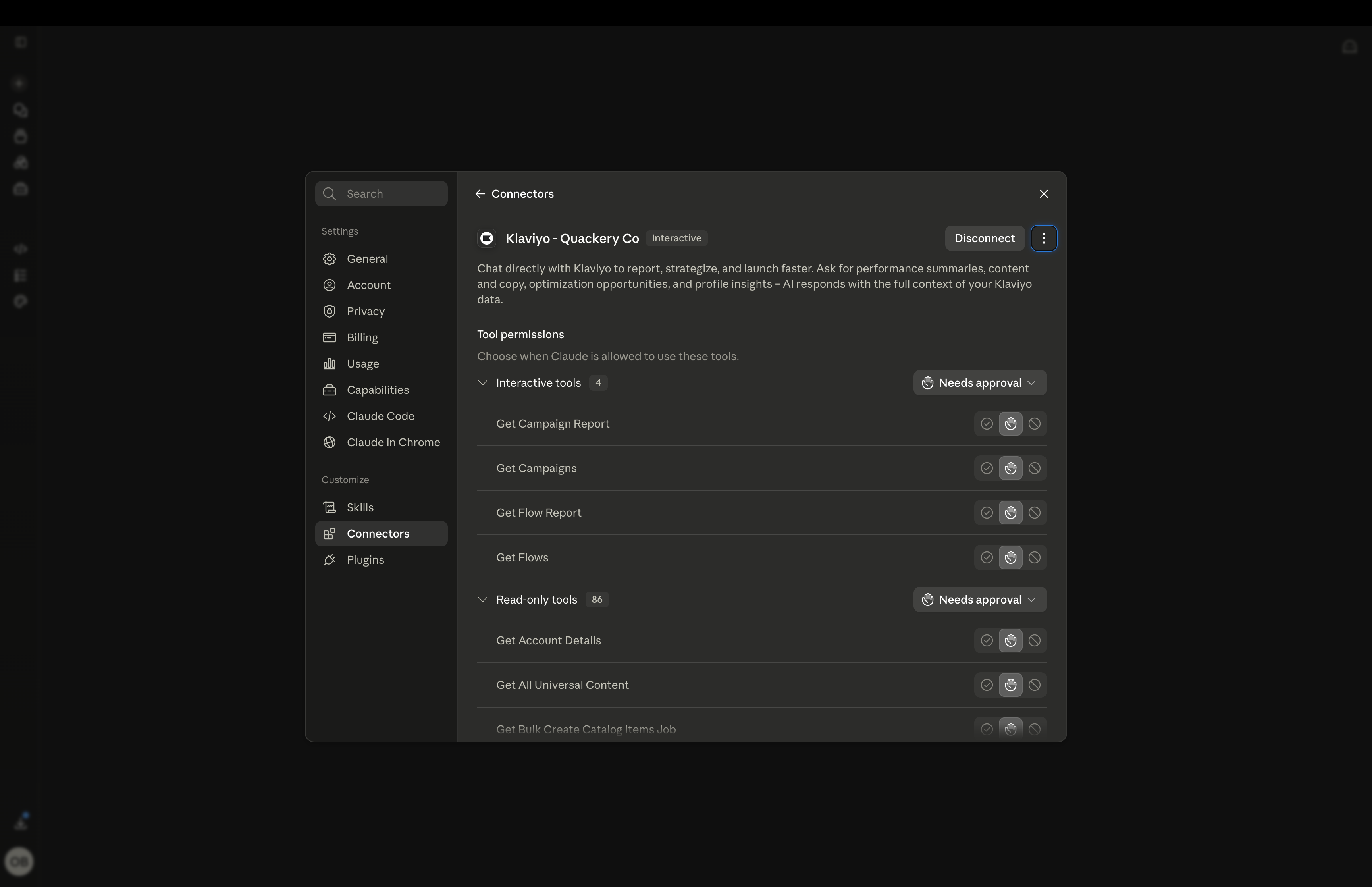 Screenshot of a dark-themed settings page showing connector permissions for "Klaviyo - Quackery Co", with various interactive and read-only tools listed, some requiring approval.