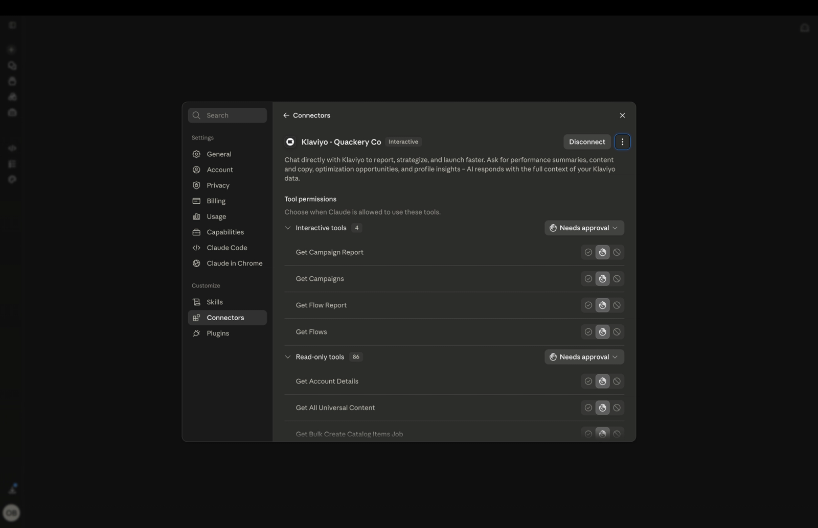 Screenshot of a dark-themed settings page showing connector permissions for "Klaviyo - Quackery Co", with various interactive and read-only tools listed, some requiring approval.