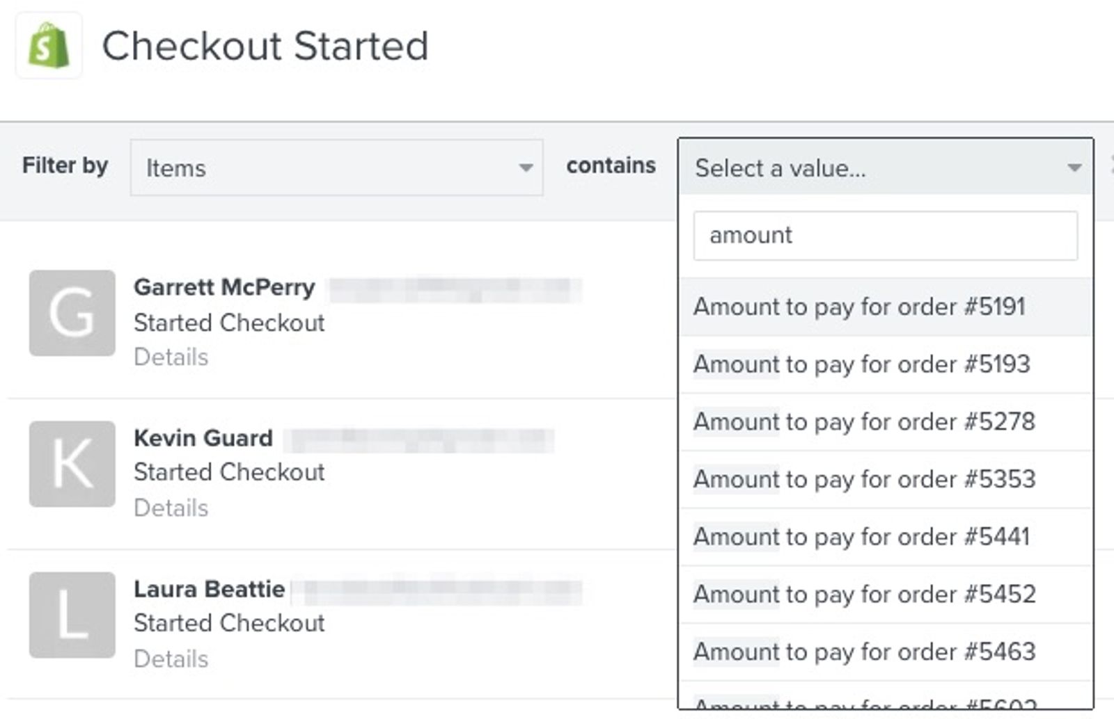 Checkout Started feed showing events with draft order items listed as 'Amount to pay for order...'.