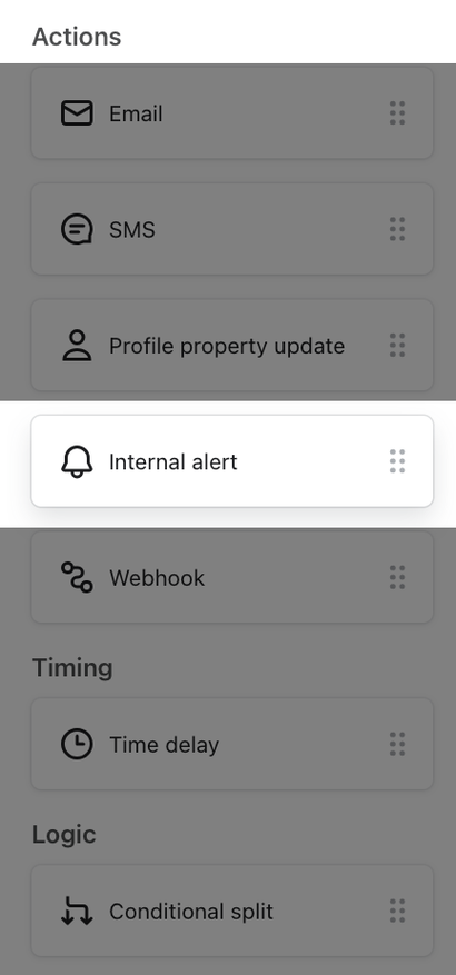 Internal alert highlighted in the list of flow actions