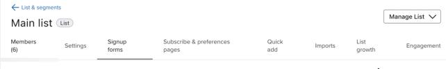 The Sign-up forms tab underlined and selected from the menu bar within a specific list's page.