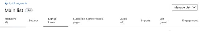 The Sign-up forms tab underlined and selected from the menu bar within a specific list's page.