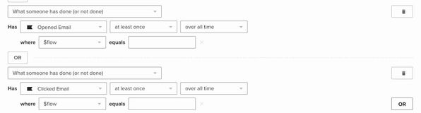 conditions added to a segment to include people who opened or clicked at least one email in your contest welcome series