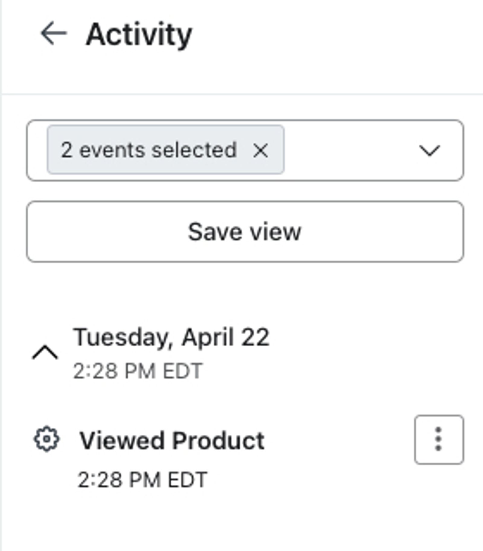 The Save view button in the metric selection menu of an Inbox ticket's activity feed.