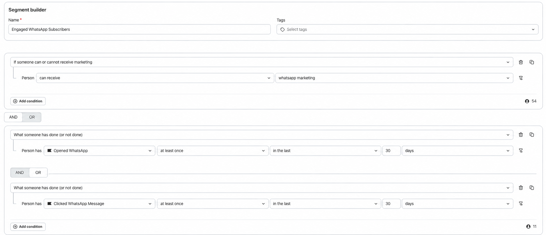 Segment builder for "Engaged WhatsApp Subscribers" based on marketing consent, recent WhatsApp app opens, and message clicks.
