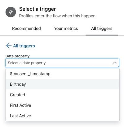 From the Trigger Setup menu, you can choose a date property from the dropdown such as a Birthday property if it exists in your account