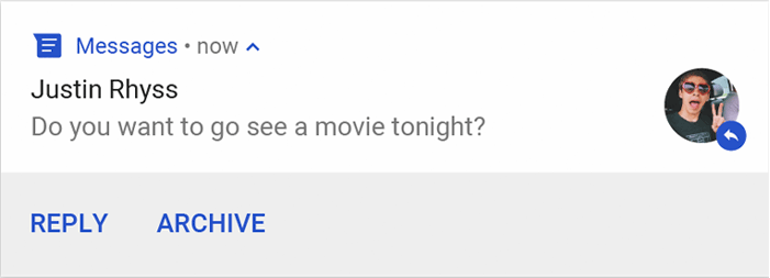 An Android notification with Reply and Archive action buttons.